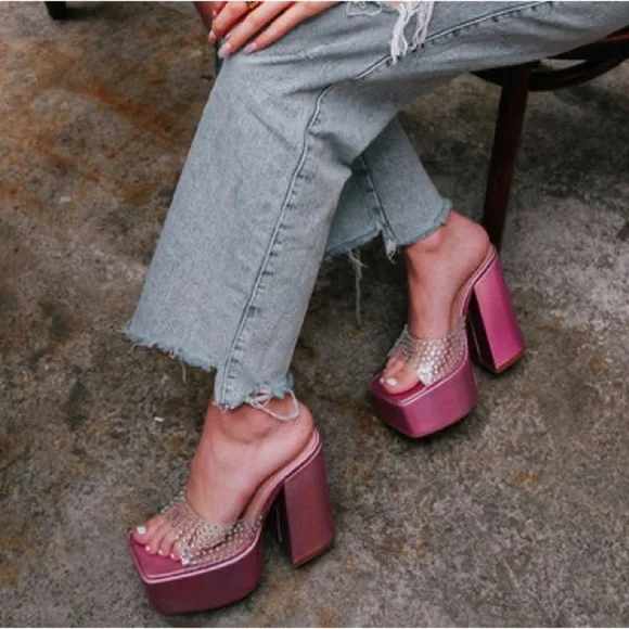 Steve Madden Ruby Embellished Heeled Platform Sandals Iridescent Pink - Picture 14 of 14